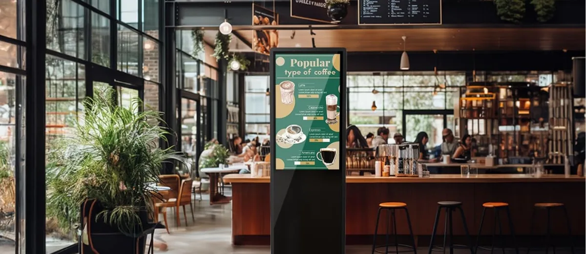 QIXZOCV digital signage kiosk deployed in a café